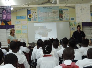 Catherine Booker (Exuma Foundation/Community Conch) introduces Brendan Talwar (FSU/CEI) to an eighth grade science class at LN Coakley Secondary High School